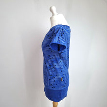 Load image into Gallery viewer, Naketano Tunic Top Blue Bird Print Striped Size Large Cotton Blend Jersey Bardot
