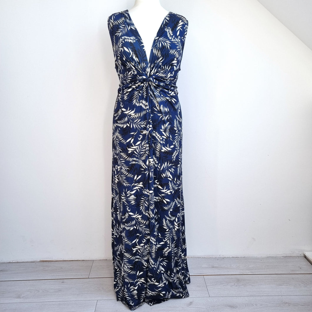 Joe Browns Maxi Dress Jersey Navy Blue Floral Leaf Print Stretch Summer Size 16