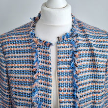 Load image into Gallery viewer, Frank Walder Boucle Jacket UK 14 Tweed Sequins Blazer Blue Orange Work Zip Chic

