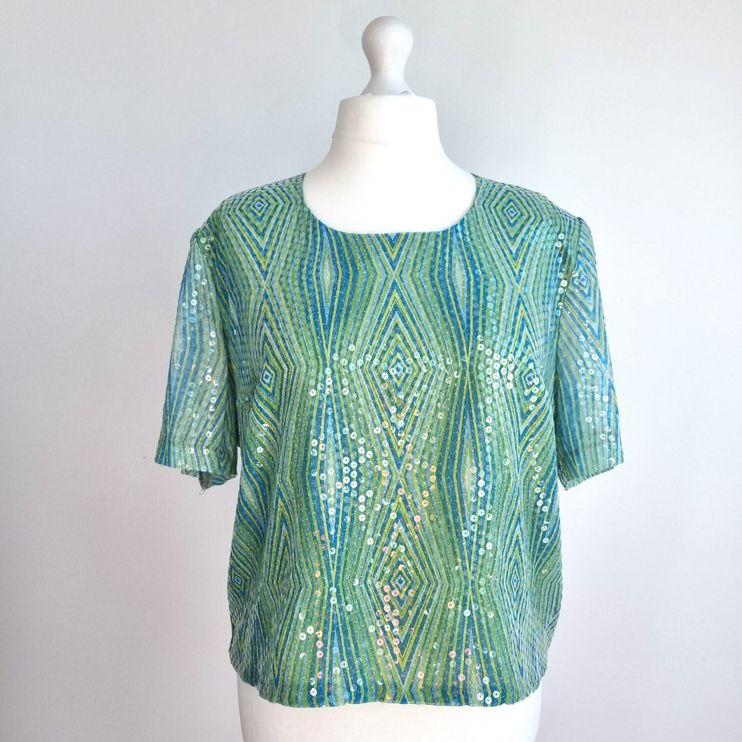 Cristina Garcia Sequin Blouse Top Mint Iridescent Boxy Short Sleeves Plus 26 54