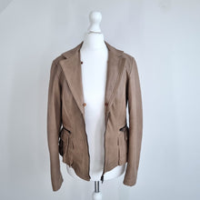 Load image into Gallery viewer, Antros Real Leather Jacket Vintage Ruffle Peplum Taupe Zip Pocket Biker 8 Small
