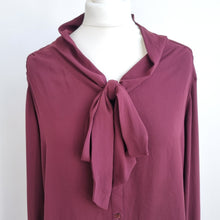 Load image into Gallery viewer, M&amp;S Autograph Blouse Burgundy 12 Pussybow Tie Berry Shirt Work Long Sleeves Top

