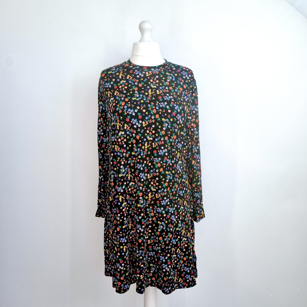 Marks & Spencer Dress Jersey UK 24 Black Ditsy Floral Print Smock Tunic Casual
