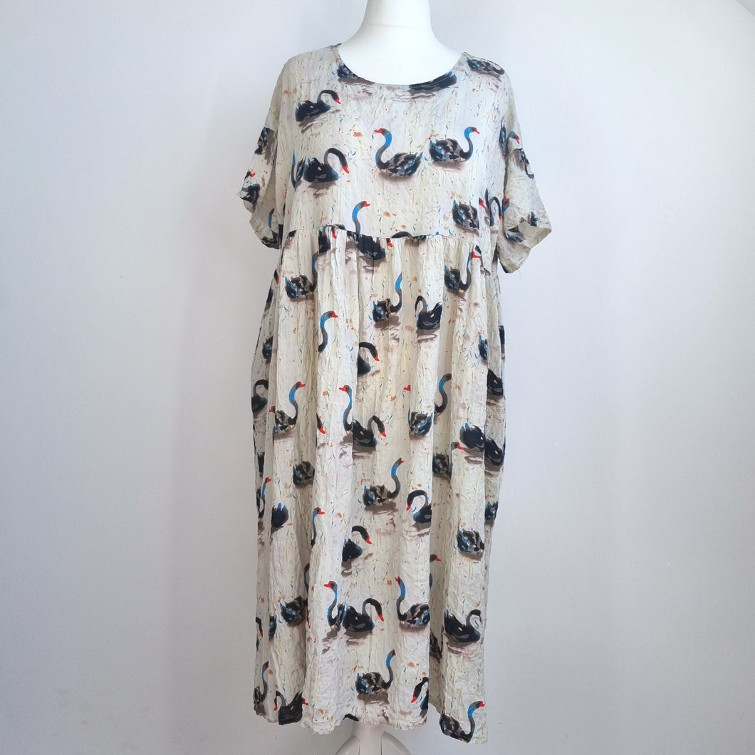 Swan Print Midi Dress Pockets WeiWei Lagenlook Cotton Viscose Casual One Size