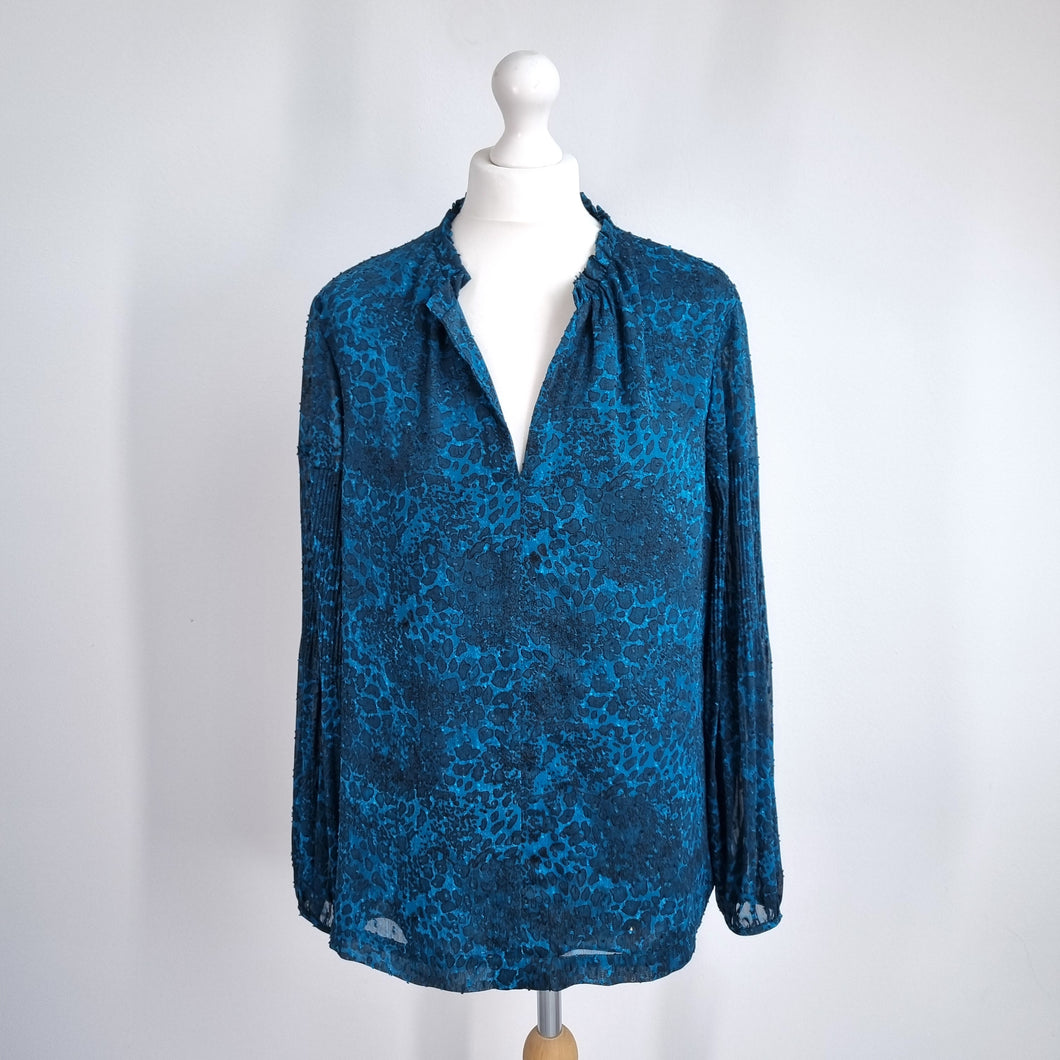 Whistles Blouse Animal Print Blue Chiffon Lined Peasant Top Long Sleeves Work 14