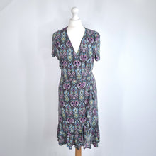 Load image into Gallery viewer, Hush Wrap Dress Ikat Print Frill Mesh Ruffle Short Sleeves Grey Multi Lined 12
