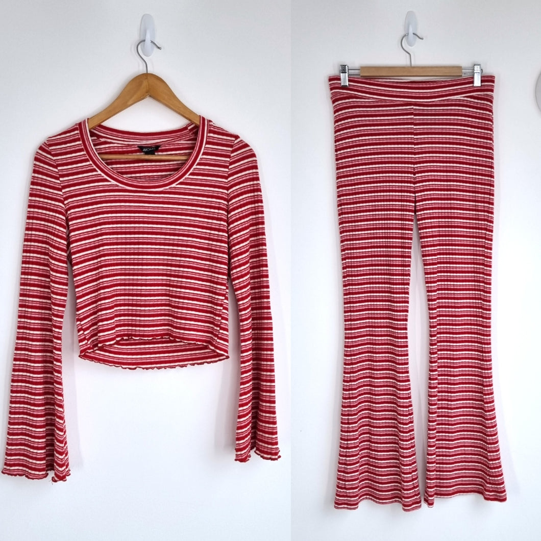 Monki Co-ord Outfit Flared Trousers Crop Top Striped Red White Jersey Medium