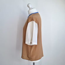 Load image into Gallery viewer, Vintage St Michael Blouse Top 80s Colourblock Tan Blue Mock Neck Button 12 14 16

