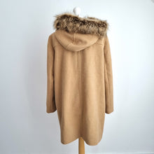 Load image into Gallery viewer, M&amp;S Duffle Coat Camel UK 14 Faux Fur Hooded Toggle Winter Coat Caramel Lined
