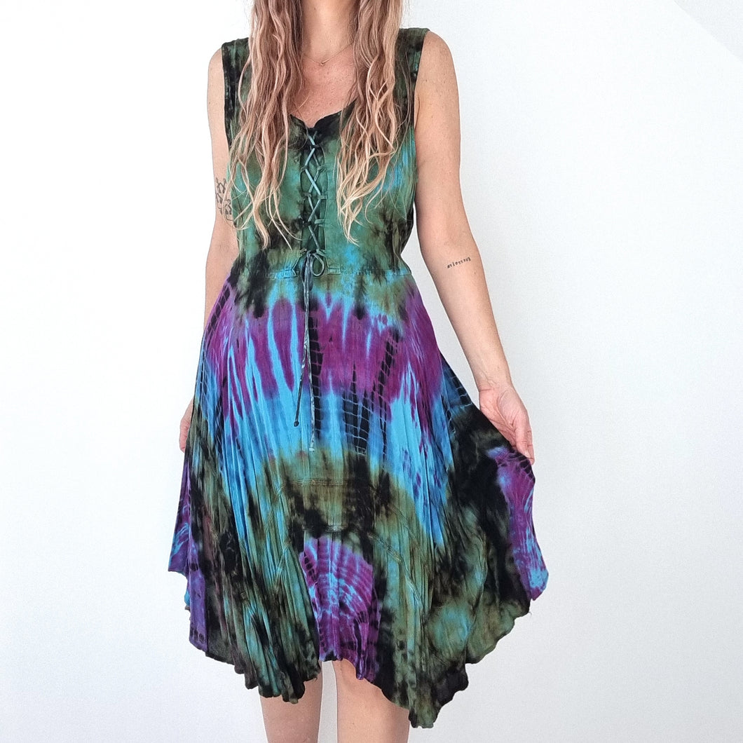 Vintage Advance Apparels Dress Tie-Dye Hippie Boho Festival Lace Up Midi 14 16