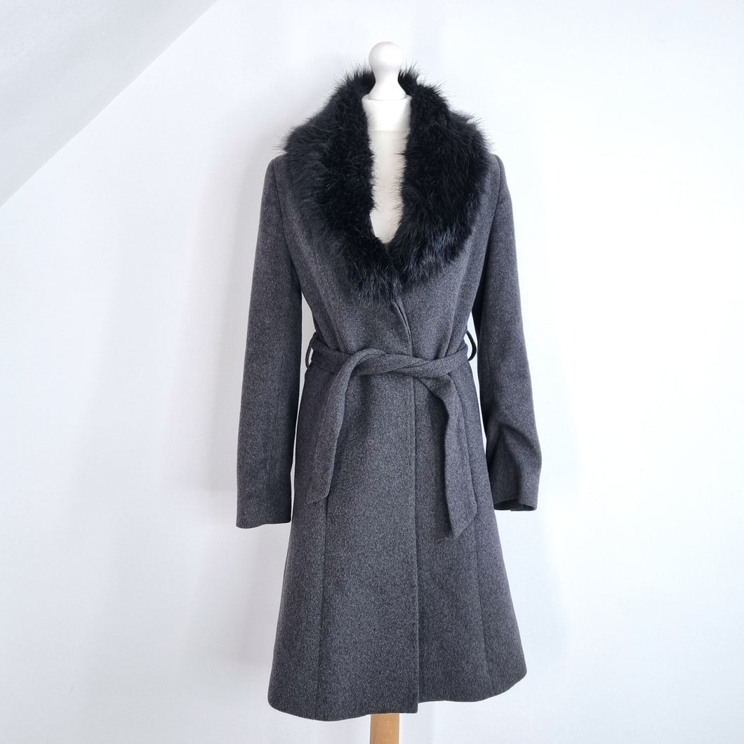 Feraud Coat Belted Wool Cashmere Grey Removable Faux Fur Collar Work Smart 10