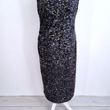 Load image into Gallery viewer, M&amp;S Sequin Midi Dress Size 18 Black Wiggle Lined Ruched Sleeveless Xmas Party
