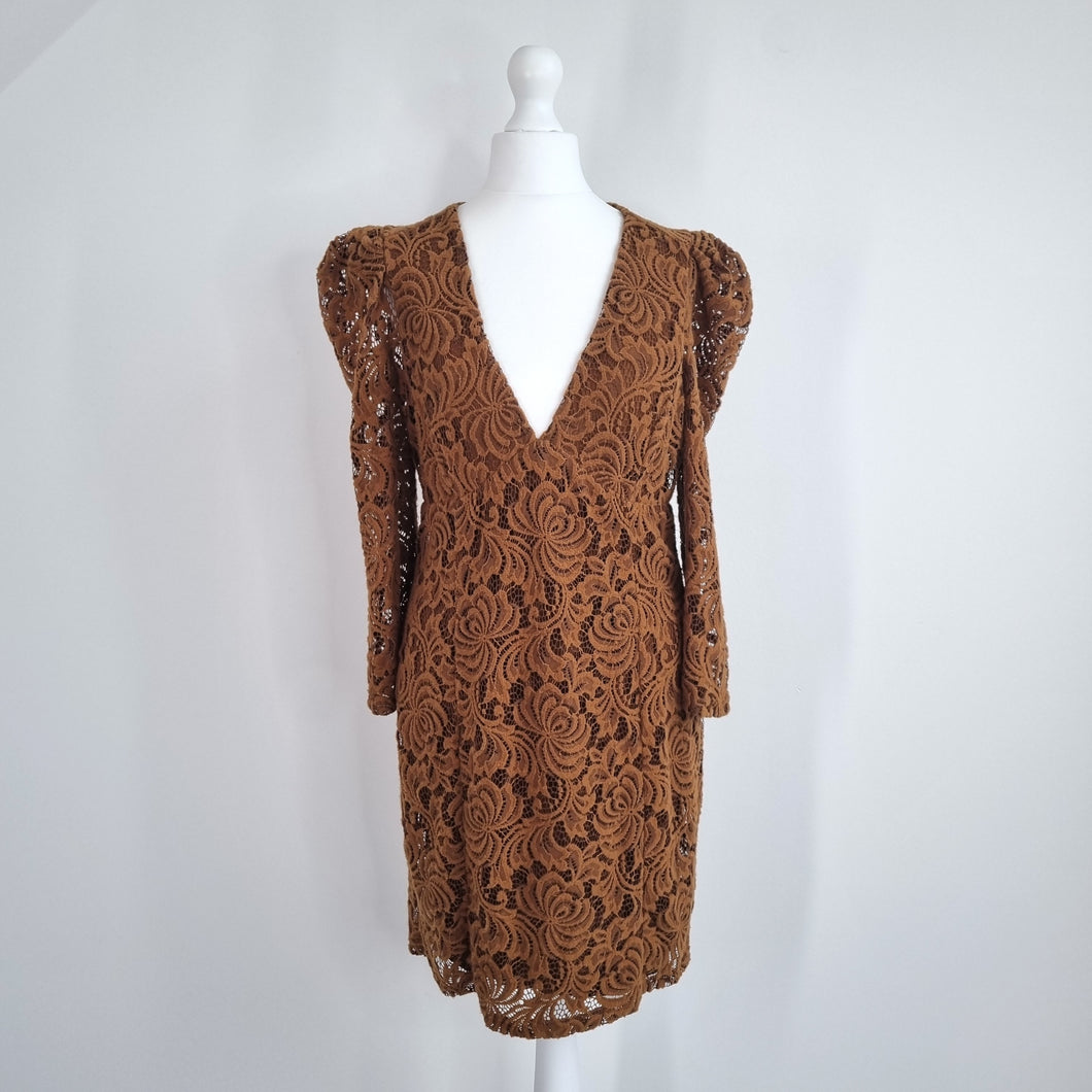 Free People Lace Dress Mini Brown Bodycon V Neck Party Long Sleeves Small