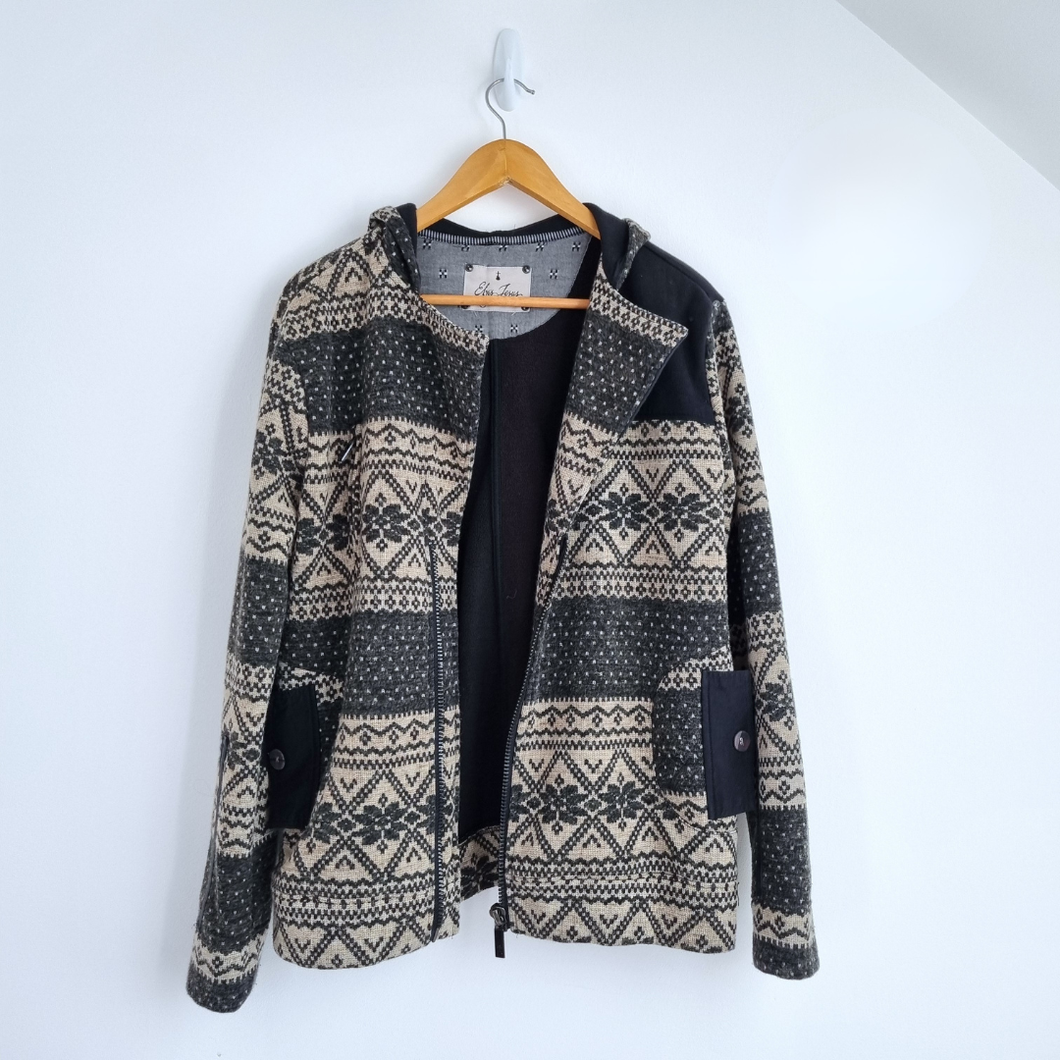 Elvis Jesus Mens Jacket Fair Isle Hoodie Bomber Zip Up Pockets Grey Size Small