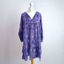 Load image into Gallery viewer, Peony Indian Smock Dress Tunic Floral One Size Purple Mini Cotton Boho Hippie
