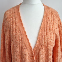 Load image into Gallery viewer, Monsoon Pointelle Knit Cardigan Small Peach Soft Fluffy Bow Cuff Pastel Scallop
