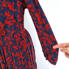 Load image into Gallery viewer, M&amp;S Midi Dress Floral Print Long Sleeves Navy Red Tiered Ruffles Belted Work 8
