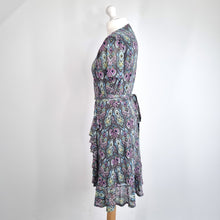 Load image into Gallery viewer, Hush Wrap Dress Ikat Print Frill Mesh Ruffle Short Sleeves Grey Multi Lined 12
