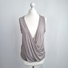 Load image into Gallery viewer, AllSaints Kerin Vest Large Wrap Fine Knit Taupe Beige Viscose Wool Top V Neck
