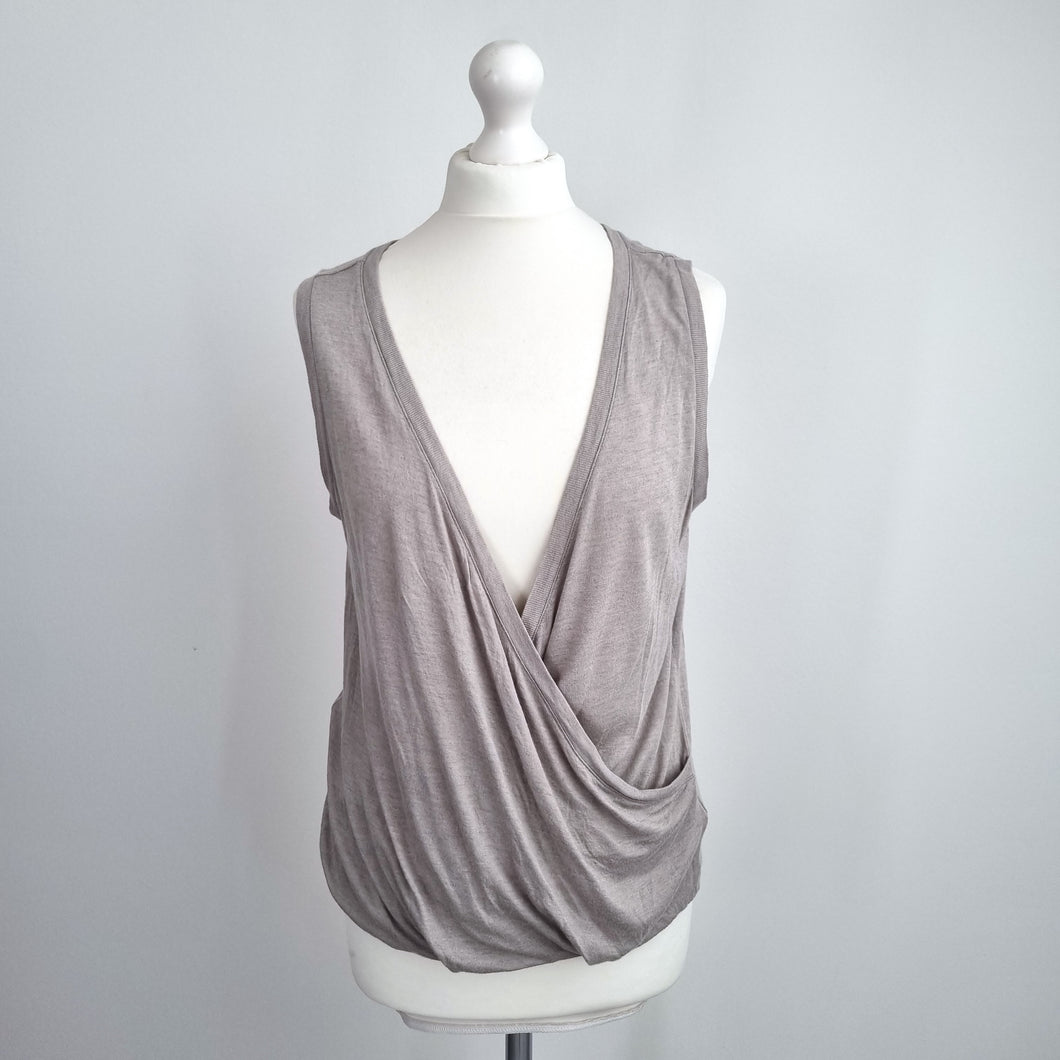 AllSaints Kerin Vest Large Wrap Fine Knit Taupe Beige Viscose Wool Top V Neck