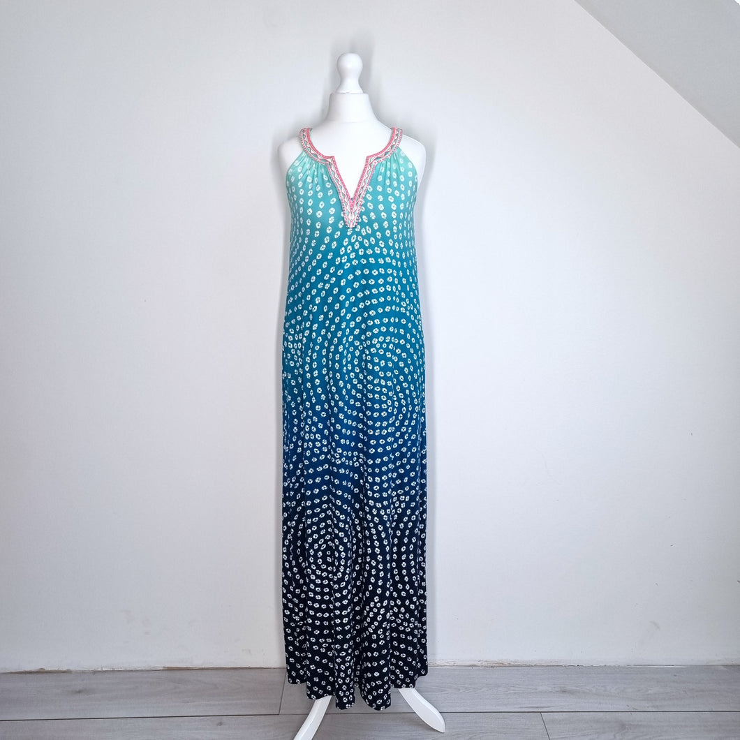 Monsoon Maxi Dress Jersey Small Ombre Blue Summer Pattern Holiday Cruise Grecian
