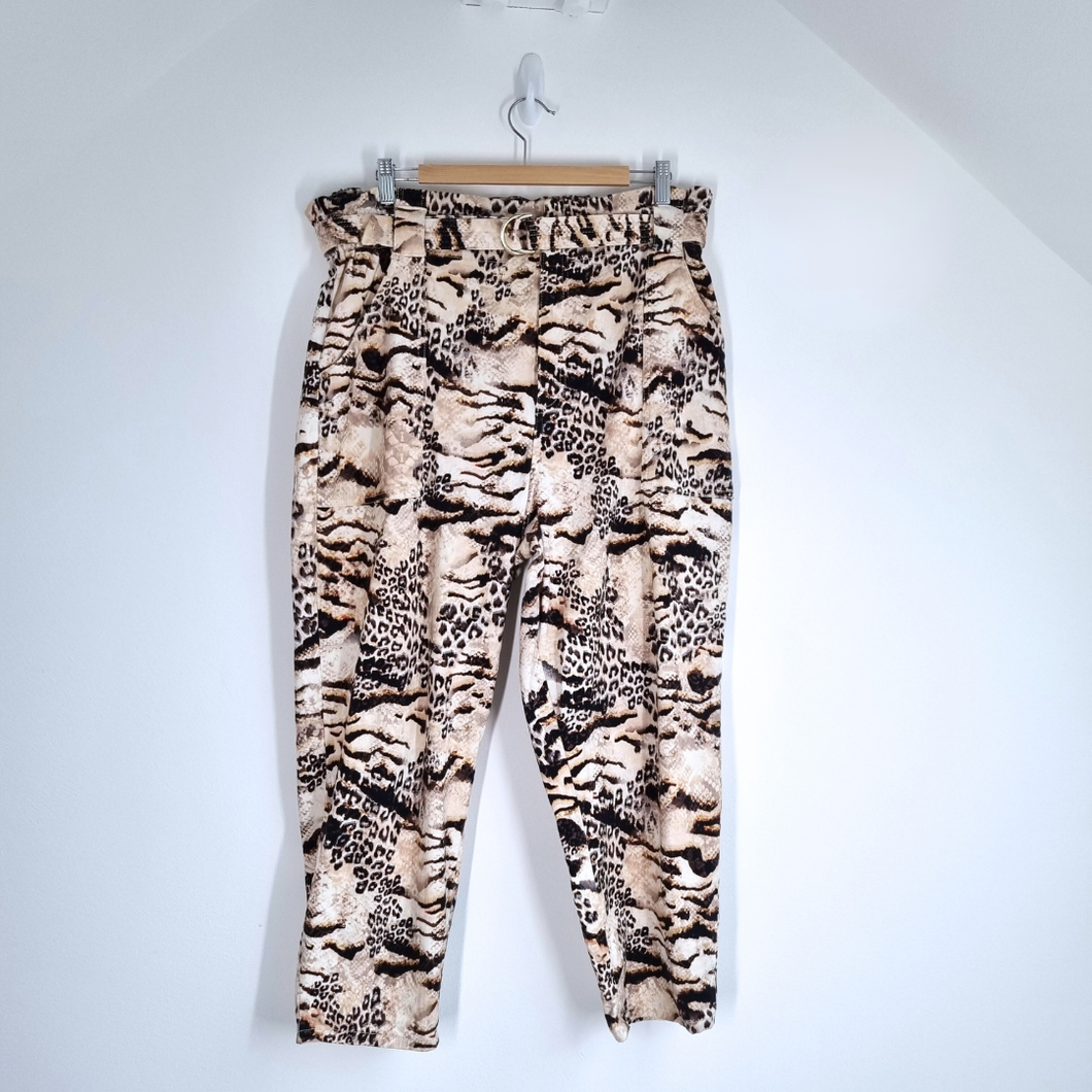 River Island Paperbag Trousers Size 18 Mixed Animal Prints High Rise Cotton Belt