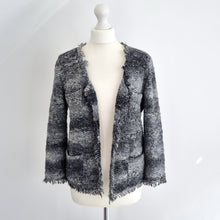 Load image into Gallery viewer, 360 Sweater Cardigan Boucle Knit Fringed Grey Black Distressed Frayed Medium
