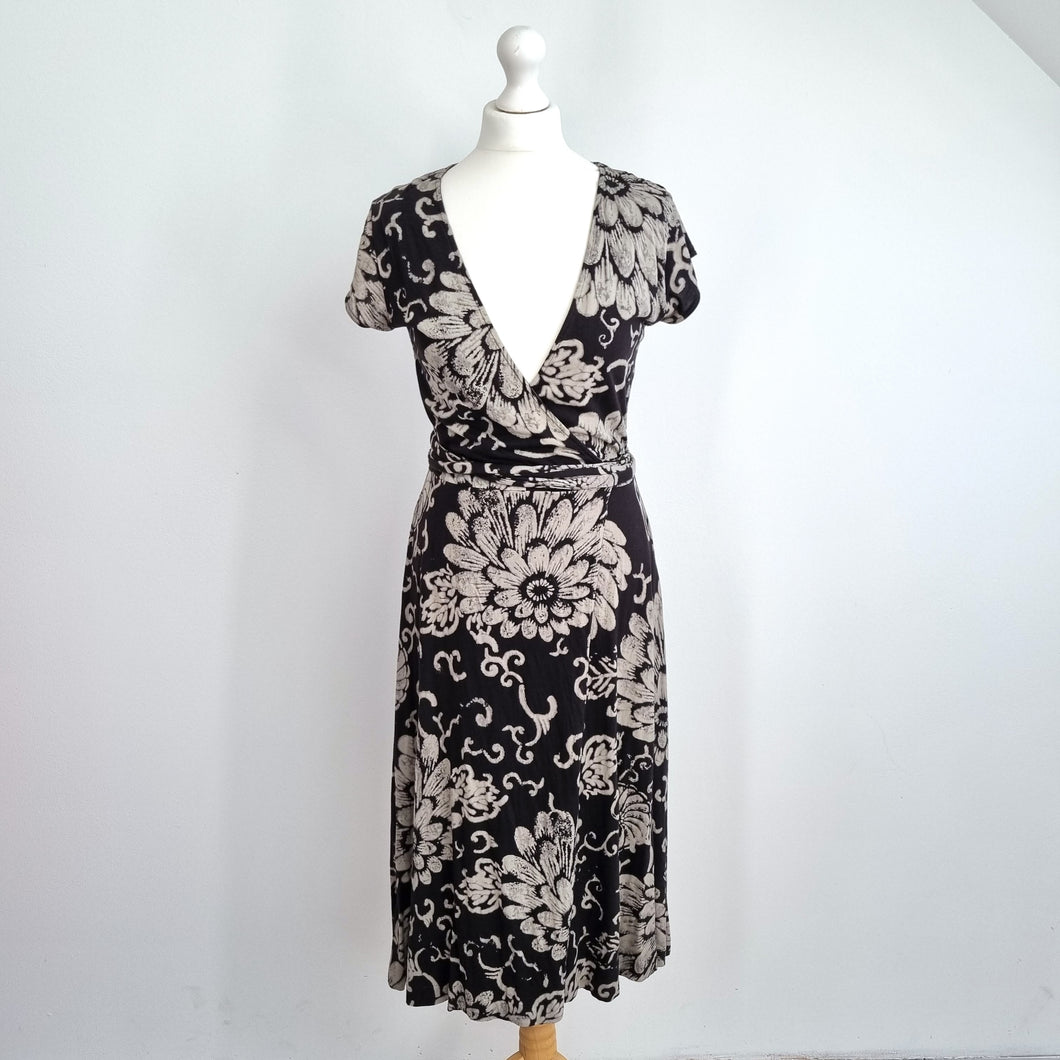 Lucky Brand Wrap Dress Jersey Large Floral Print Black Cotton Modal Casual Day