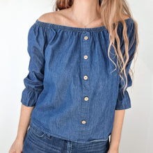 Load image into Gallery viewer, Made in Italy Denim Top Off the Shoulder Chambray Dark Blue Blouse Cotton 10-14
