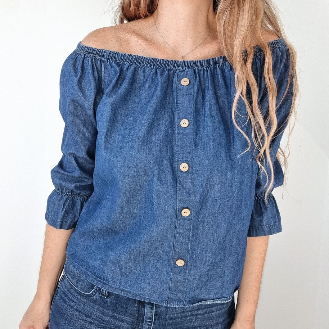 Made in Italy Denim Top Off the Shoulder Chambray Dark Blue Blouse Cotton 10-14