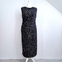 Load image into Gallery viewer, M&amp;S Sequin Midi Dress Size 18 Black Wiggle Lined Ruched Sleeveless Xmas Party

