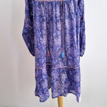 Load image into Gallery viewer, Peony Indian Smock Dress Tunic Floral One Size Purple Mini Cotton Boho Hippie

