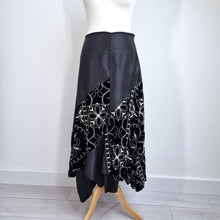 Load image into Gallery viewer, James Lakeland Midi Skirt UK 12 Black Velvet Embroidered Handkerchief Hem Party
