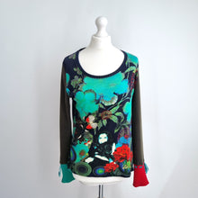 Load image into Gallery viewer, Desigual Long Sleeve Top Art Print Size Large Boho Graphic Tee Turquoise Knit
