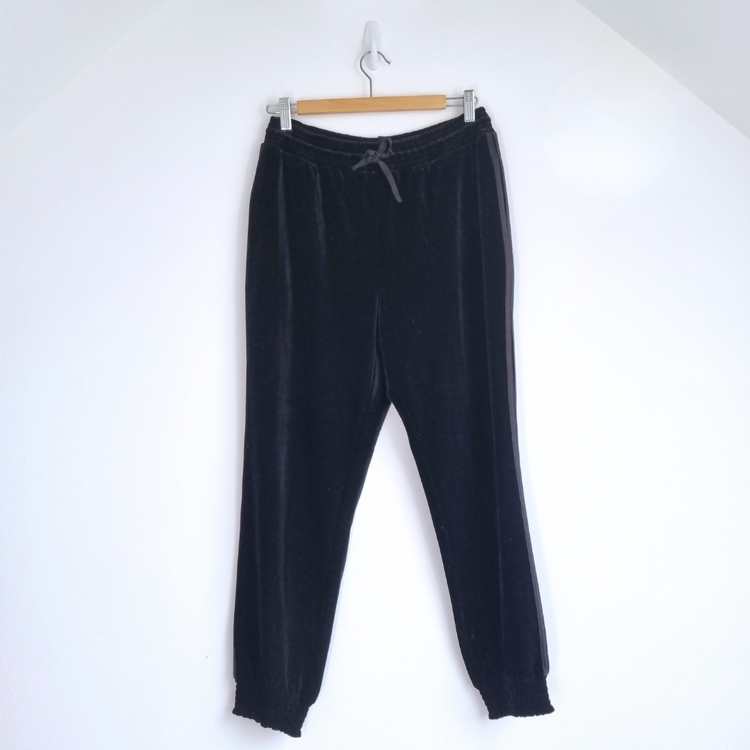 Hush Velvet Joggers Trousers Black 10 Side Stripes Cuffed Velour Casual Pockets