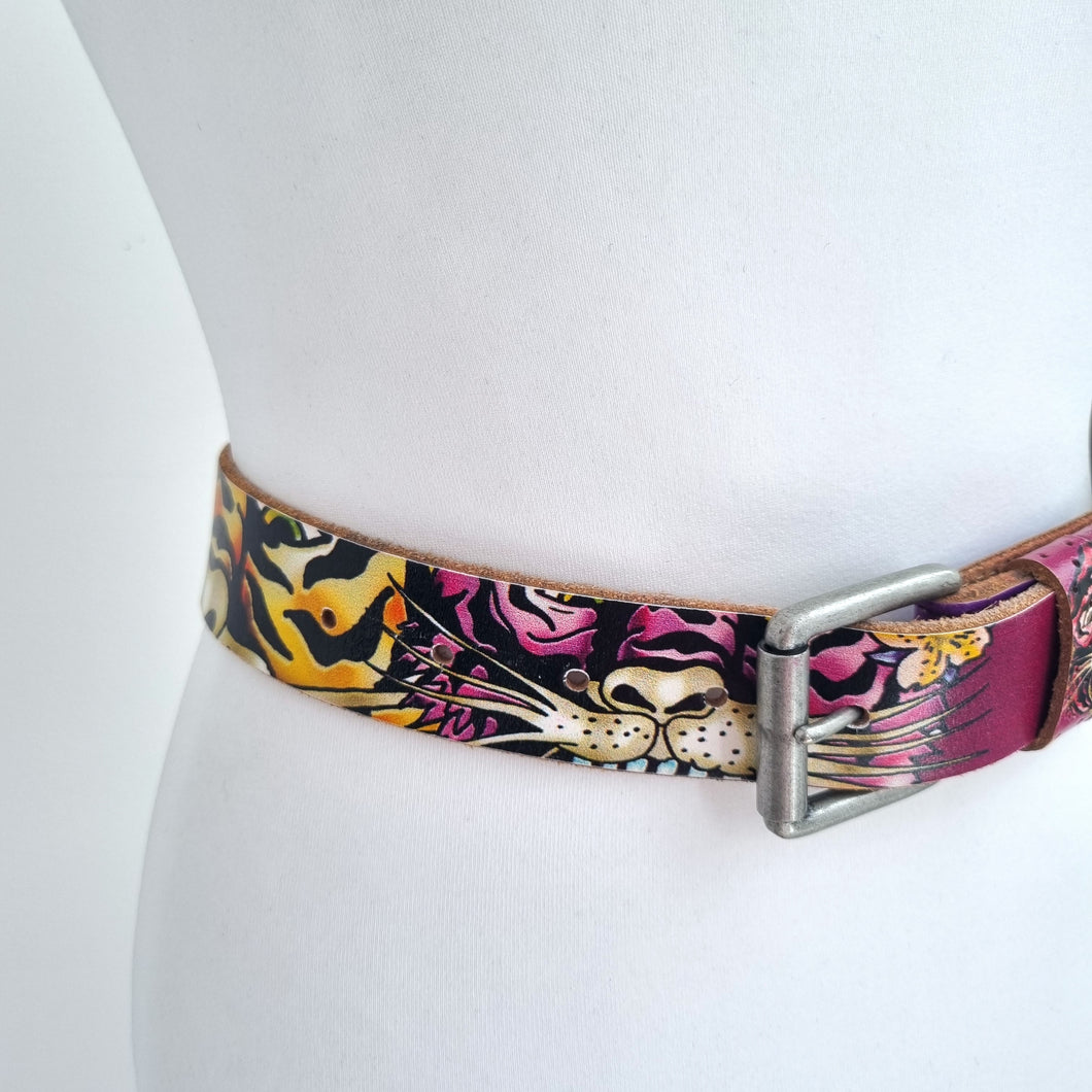 Vintage Ed Hardy Belt Y2K Genuine Leather Tiger Floral Waist Multicoloured Small