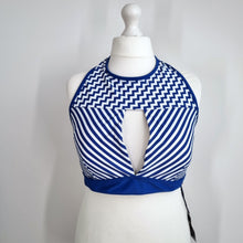 Load image into Gallery viewer, Figleaves Curve Bikini Top UK 24 BNWT Blue White Chevron High Halter Neck
