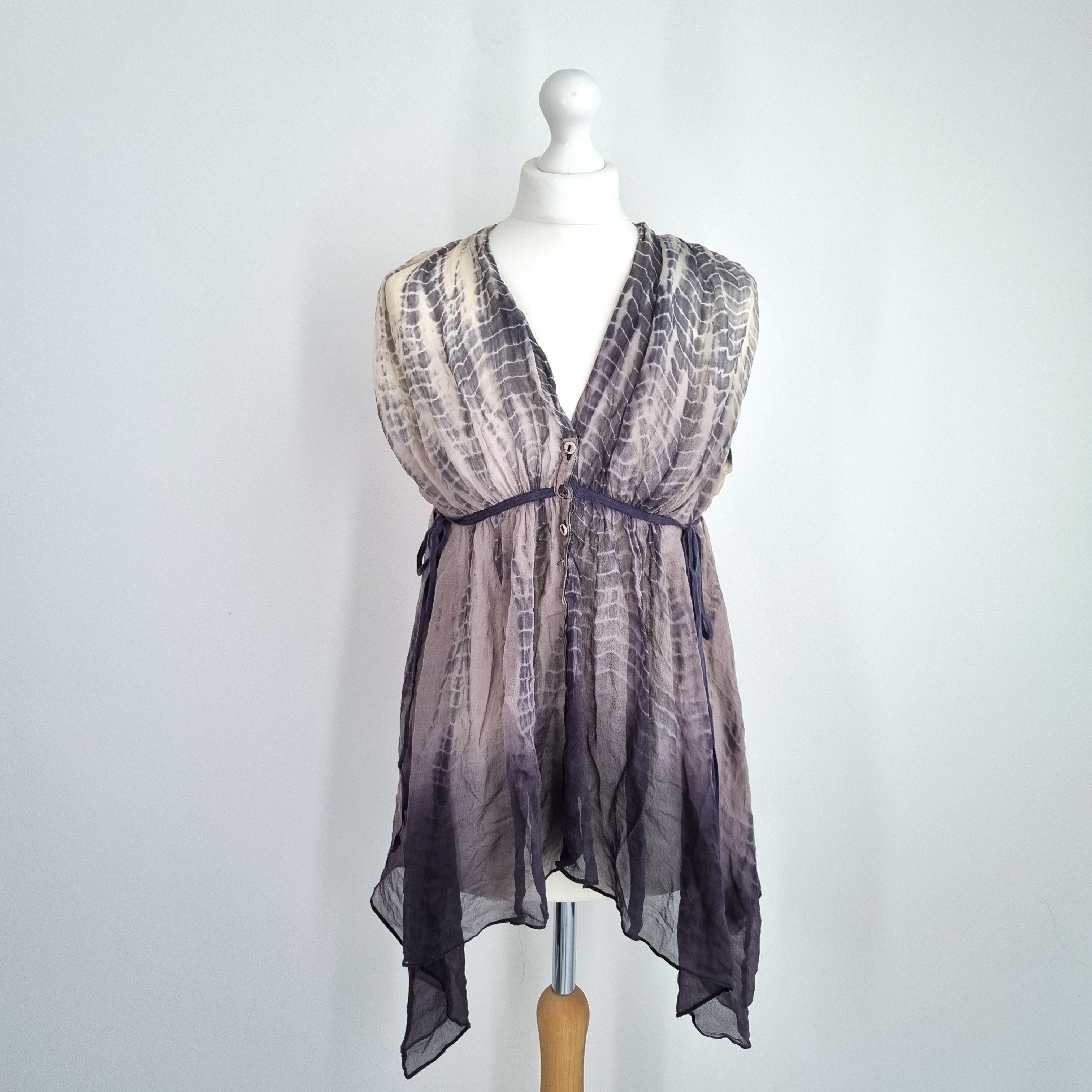 AllSaints Top 100% Silk Floaty Grey Blouse Porisian Kaftan Animal Print Tunic 10