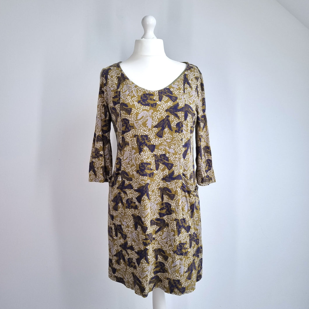 White Stuff Tunic Dress Size 16 Bird Print Jersey 100% Cotton Green Pockets Mini