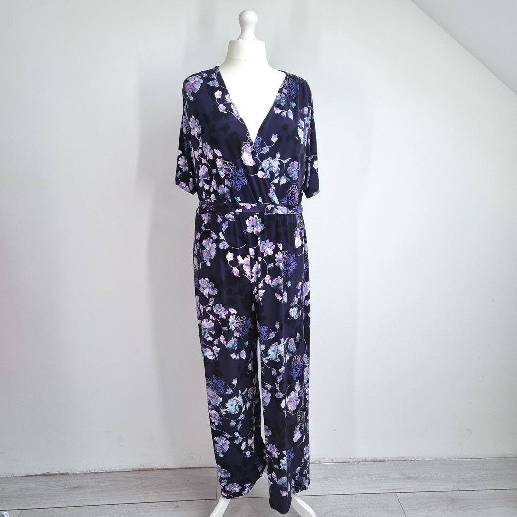 M&S Per Una Jumpsuit Belted UK 20 Purple Floral Print Pockets Slit Short Sleeve