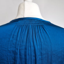 Load image into Gallery viewer, Jigsaw Blouse Satin Peasant Teal Blue Top Long Sleeves Boho Work Smock Size 14
