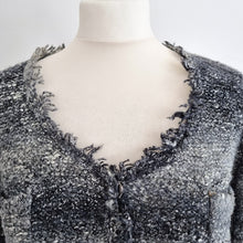 Load image into Gallery viewer, 360 Sweater Cardigan Boucle Knit Fringed Grey Black Distressed Frayed Medium
