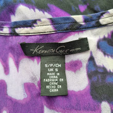 Load image into Gallery viewer, Kenneth Cole 100% Silk Top Small Tie-Dye Print Ruffles Sleeveless Zip Up Purple
