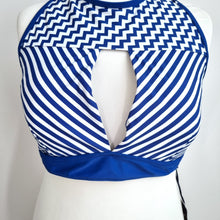 Load image into Gallery viewer, Figleaves Curve Bikini Top UK 24 BNWT Blue White Chevron High Halter Neck

