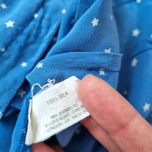 Load image into Gallery viewer, MiH 100% Silk Top Cropped Blouse Blue Star Print Button Down Frill Ruffle Medium
