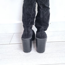 Load image into Gallery viewer, H&amp;M Thigh High Boot UK 8 EU41 Black Faux Suede Chunky Heel Slouchy Over Knee
