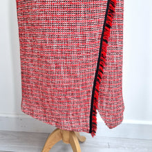 Load image into Gallery viewer, M&amp;S Tweed Midi Skirt UK 14 Red Fringed Pencil Boucle Lined Wrap Office Smart
