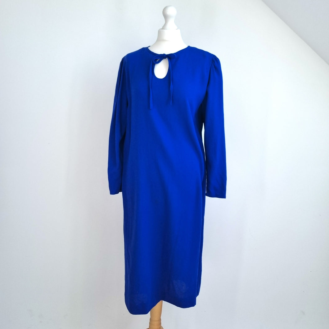 Vintage Jaeger Dress Midi 100% Wool Electric Blue Tunic Long Sleeves 70s 80s 14