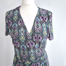 Load image into Gallery viewer, Hush Wrap Dress Ikat Print Frill Mesh Ruffle Short Sleeves Grey Multi Lined 12
