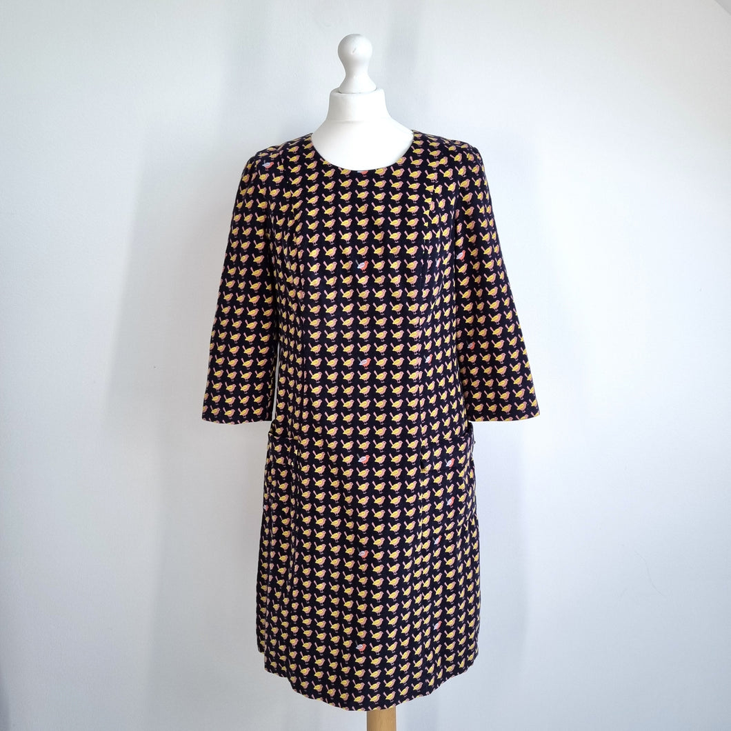 Boden Corduroy Dress Birds Print A Line Above Knee Navy Pockets Lined 12 Long